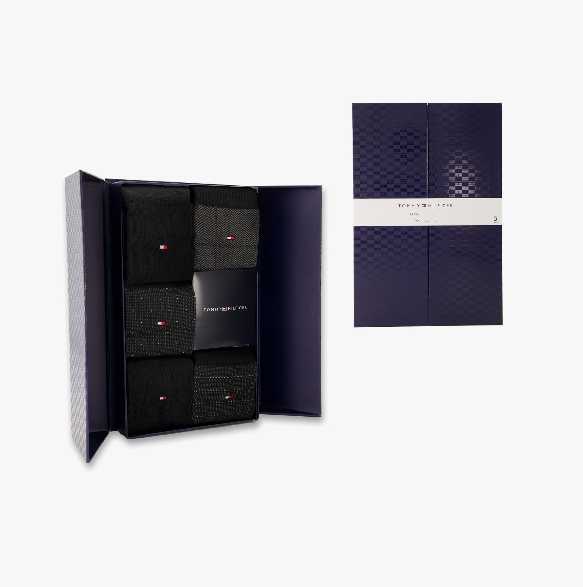 Tommy Hilfiger 5 Pack Giftbox Herringbone Mens Socks Black, view of open gift box displaying all five socks with brand logo.