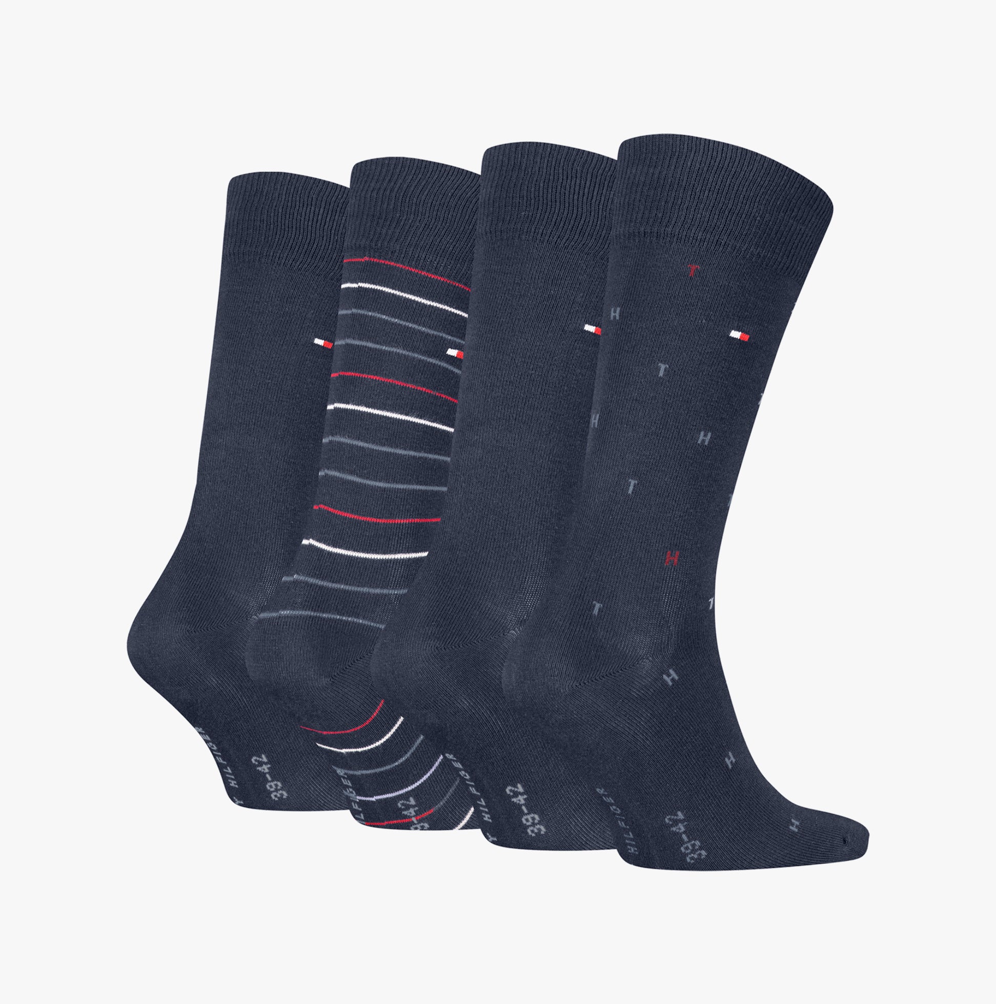 Tommy Hilfiger 4 Pack Giftbox Mens Socks Navy, featuring four styles of navy crew socks in a detailed front view.