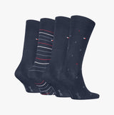 Tommy Hilfiger 4 Pack Giftbox Mens Socks Navy, featuring four styles of navy crew socks in a detailed front view.