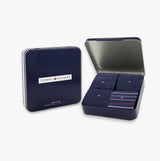 Tommy Hilfiger 4 Pack Giftbox Mens Socks Navy in a gift box showing different sock designs and colors.