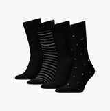 Tommy Hilfiger 4 Pack Giftbox Mens Socks Black side view, featuring black socks with various patterns in giftbox.