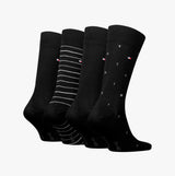 Tommy Hilfiger 4 Pack Giftbox Mens Socks Black side view showing four different styles of black crew socks in a gift box.