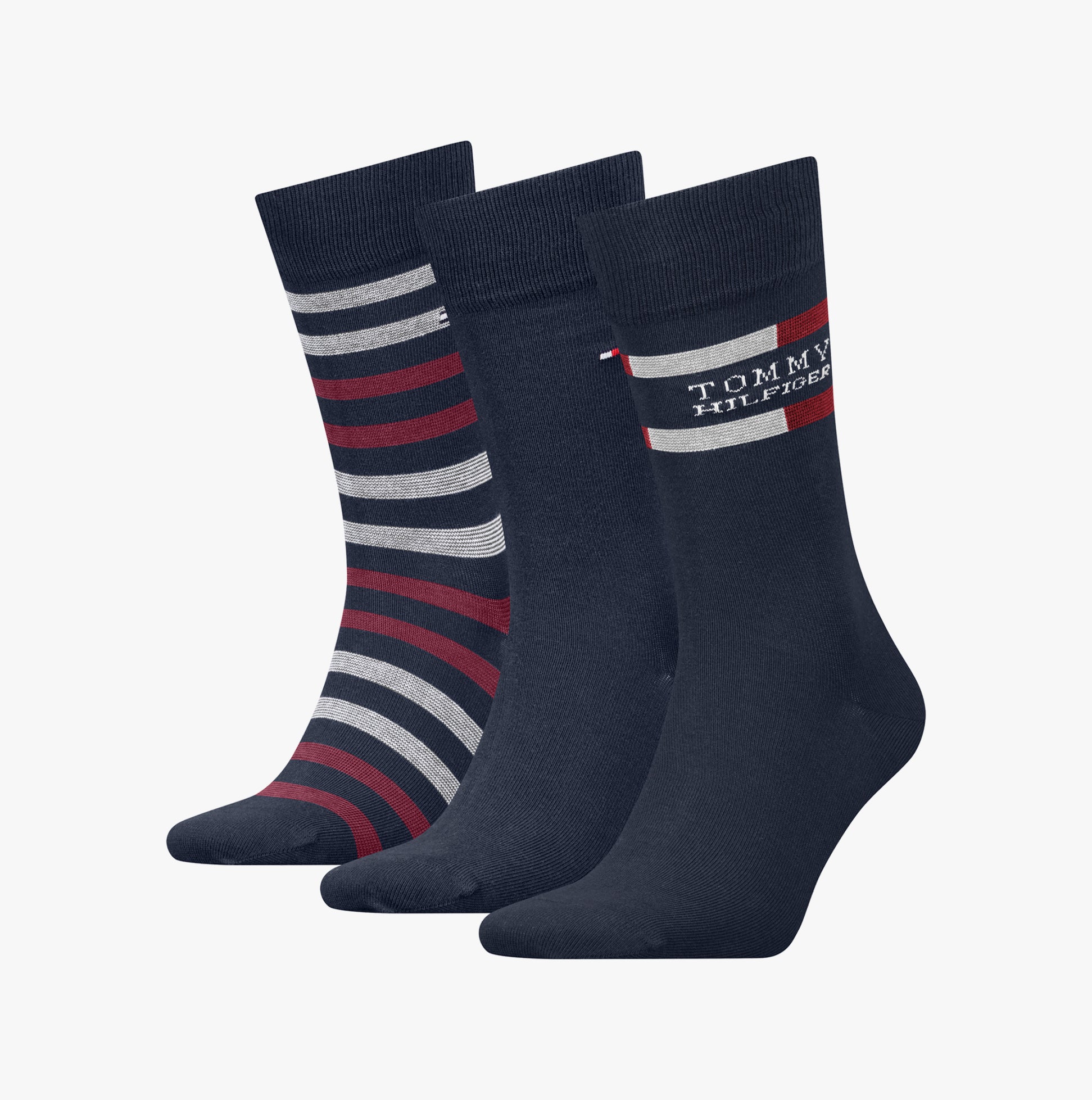 Tommy Hilfiger 3 Pack Giftbox Tommy Stripe Mens Socks Navy front view, featuring striped and solid designs in navy.