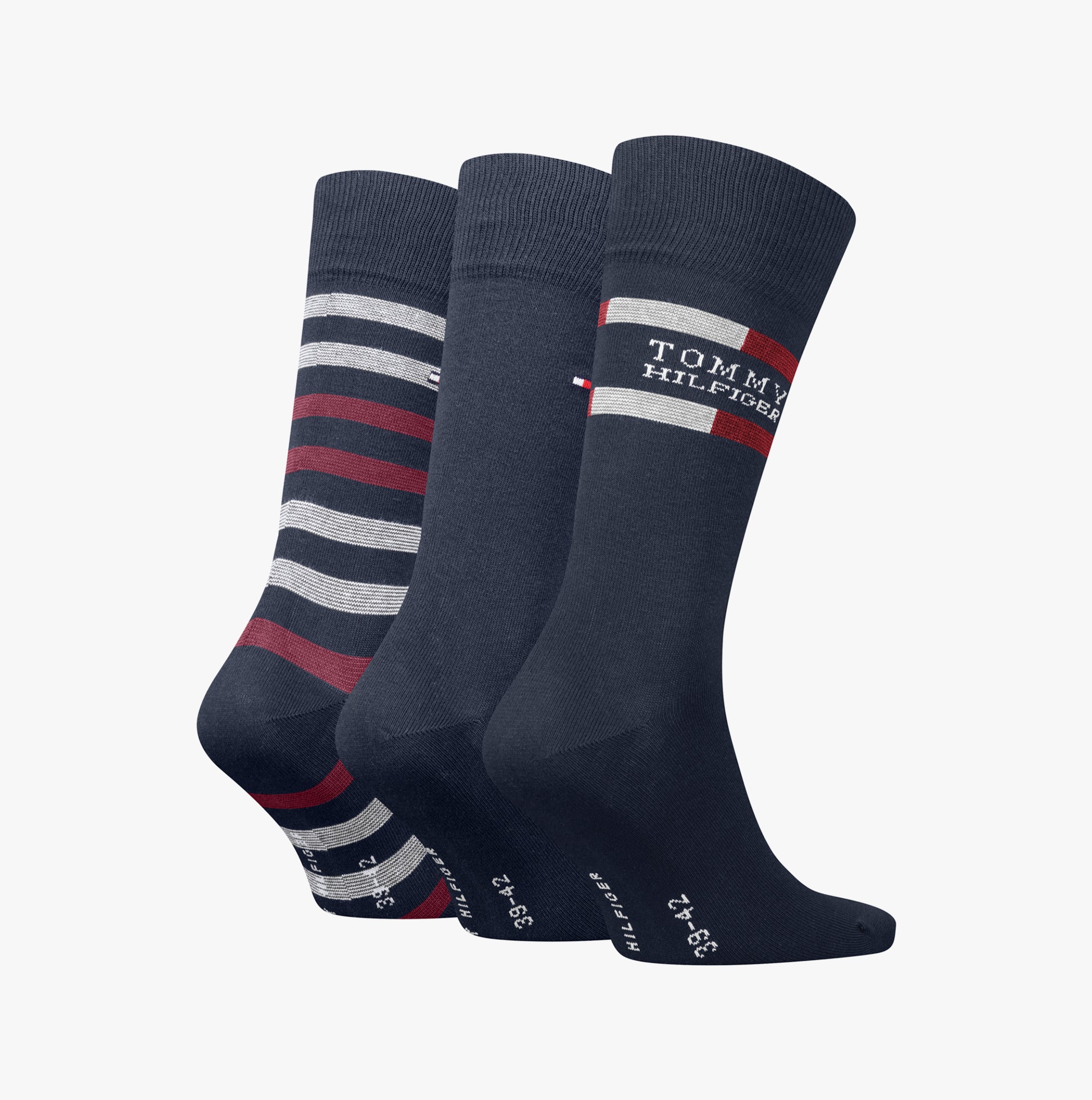 Tommy Hilfiger 3 Pack Giftbox Tommy Stripe Mens Socks Navy side view showing stripe and solid designs, displayed in gift box.
