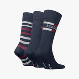 Tommy Hilfiger 3 Pack Giftbox Tommy Stripe Mens Socks Navy side view showing stripe and solid designs, displayed in gift box.