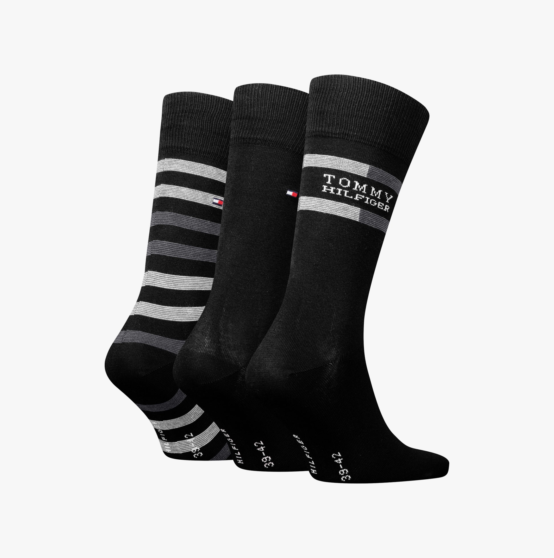 Tommy Hilfiger 3 Pack Giftbox Tommy Stripe Mens Socks Black side view showcasing three pairs of socks with stripes and logo.