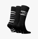 Tommy Hilfiger 3 Pack Giftbox Tommy Stripe Mens Socks Black side view showcasing three pairs of socks with stripes and logo.