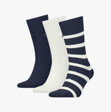 Tommy Hilfiger 3 Pack Giftbox Bootsock Mens Socks Navy, featuring three crew socks including navy, white, and striped designs.
