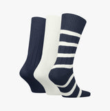 Tommy Hilfiger 3 Pack Giftbox Bootsock Mens Socks Navy showcasing side view of navy, white, and striped crew socks.