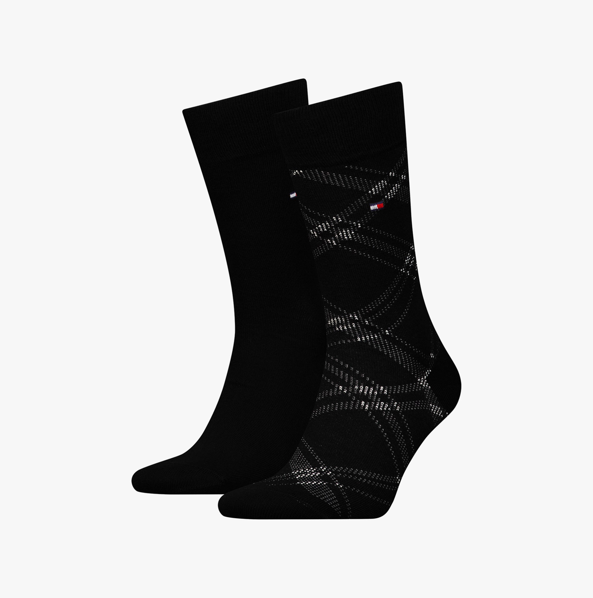 Tommy Hilfiger 2 Pack Check Mens Socks Black showing front view with a checkered design and solid black option.