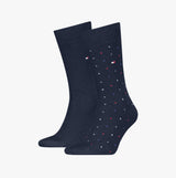 Tommy Hilfiger 2 Pack Structure Dot Mens Socks Navy side view showcasing crew socks in solid navy and dotted pattern.