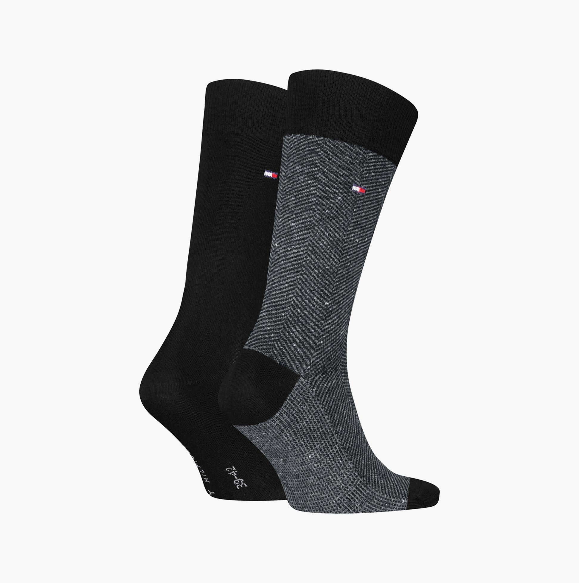 Tommy Hilfiger 2 Pack Nappy Herringbone Mens Socks Black, front view of black and herringbone patterned socks.