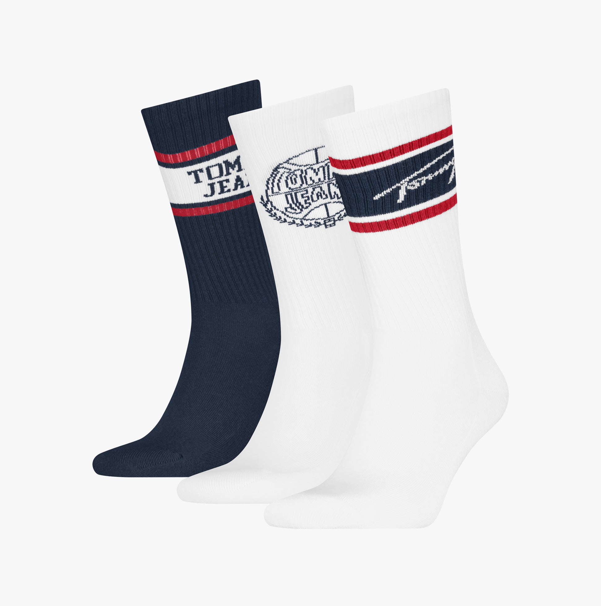 Tommy Hilfiger 3 Pack College Giftbox Mens Socks White side view showing navy and white socks with logos in gift box.