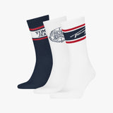 Tommy Hilfiger 3 Pack College Giftbox Mens Socks White side view showing navy and white socks with logos in gift box.