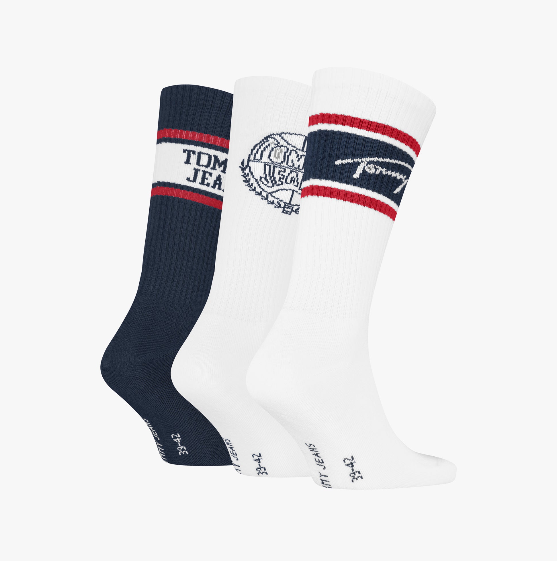 Tommy Hilfiger 3 Pack College Giftbox Mens Socks White, front view, showcasing three pairs including blue and white socks.