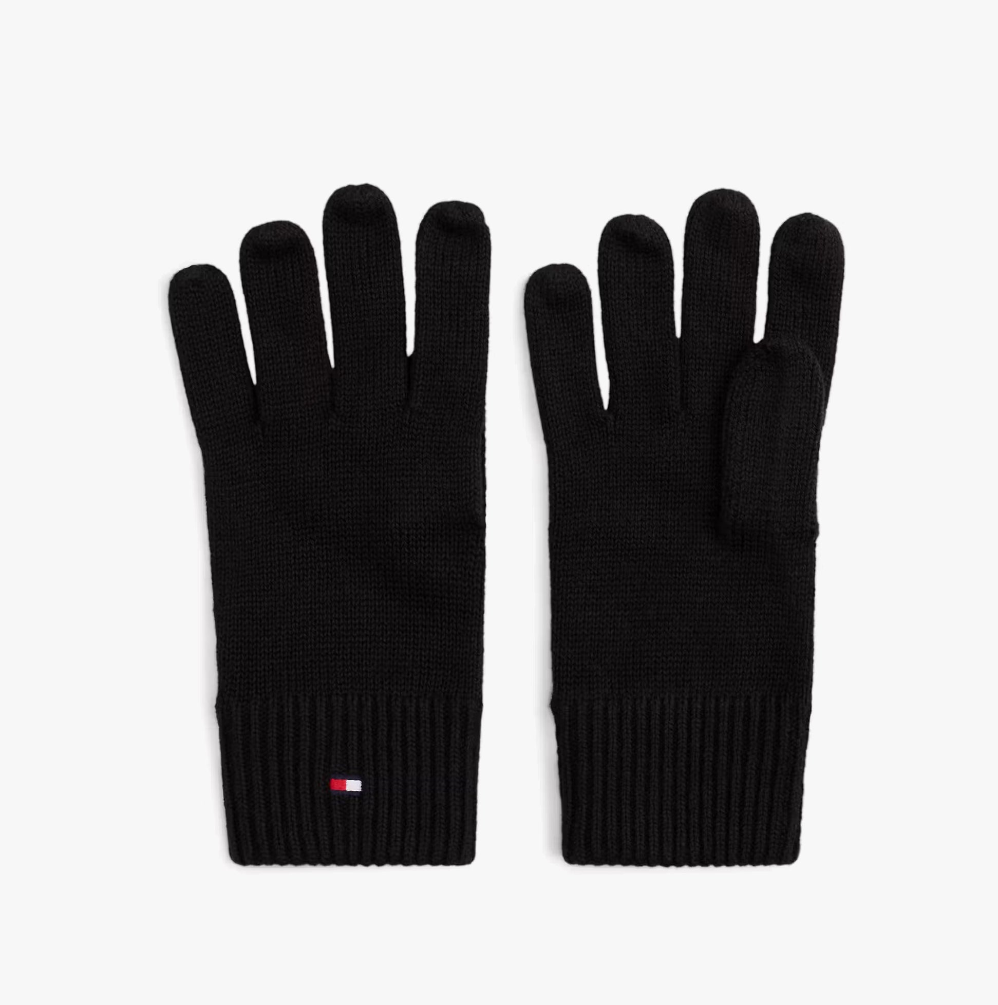 Tommy Hilfiger ESSENTIALS FLAG GLOVES Mens Gloves Black front view, showcasing black gloves with ribbed cuffs and flag logo.