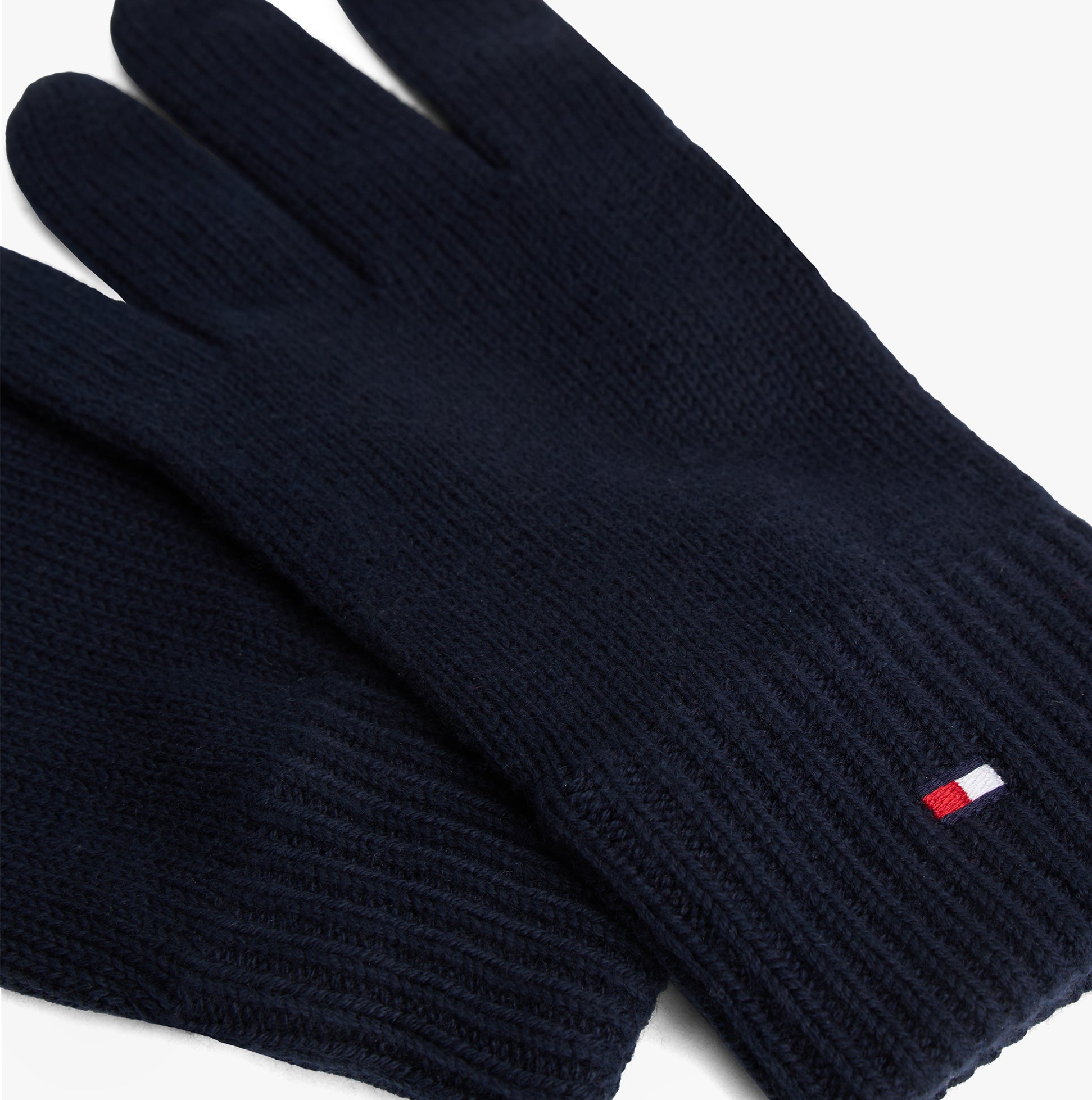 Tommy Hilfiger Mens Flag Embroidery Gloves With Cashmere Navy front view showing detailed knit and embroidered logo.