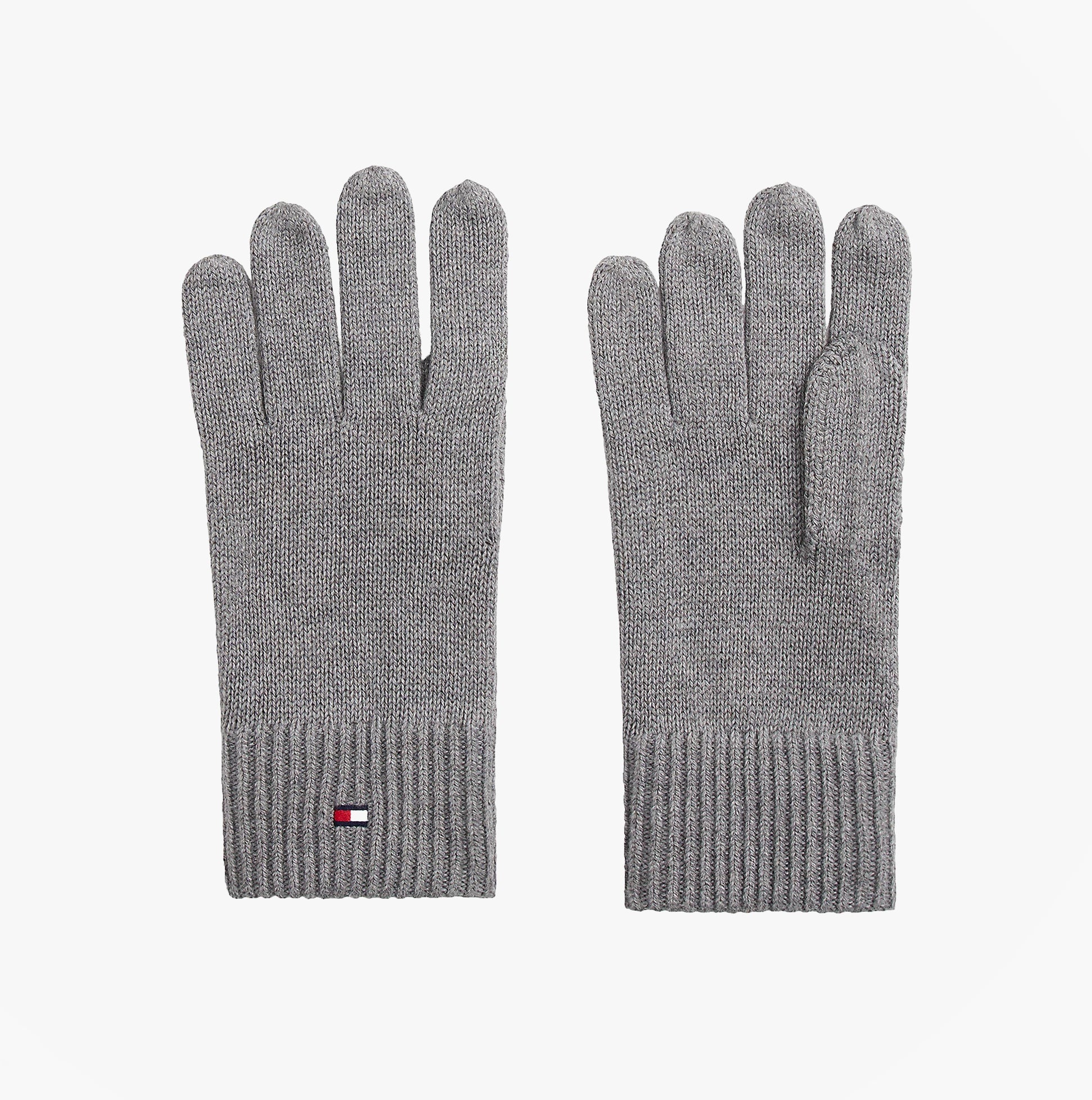 Tommy Hilfiger Mens Flag Embroidery Gloves With Cashmere Grey front view, showing soft cotton and cashmere blend with logo.