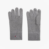Tommy Hilfiger Mens Flag Embroidery Gloves With Cashmere Grey front view, showing soft cotton and cashmere blend with logo.