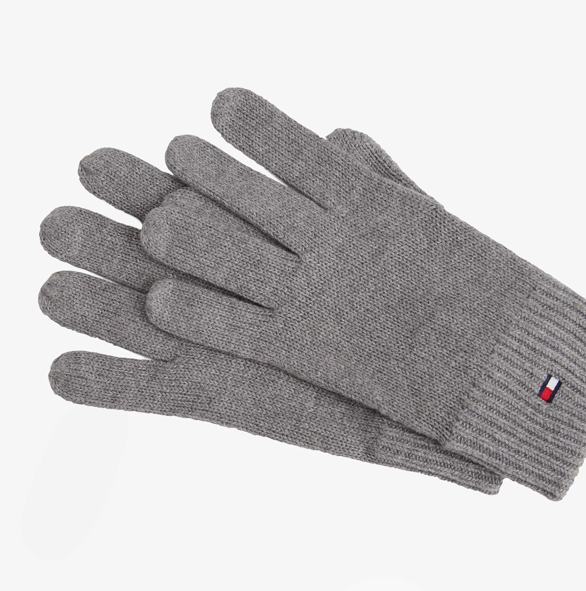 Tommy Hilfiger Mens Flag Embroidery Gloves With Cashmere Grey, top view showing soft grey fabric and logo detail.