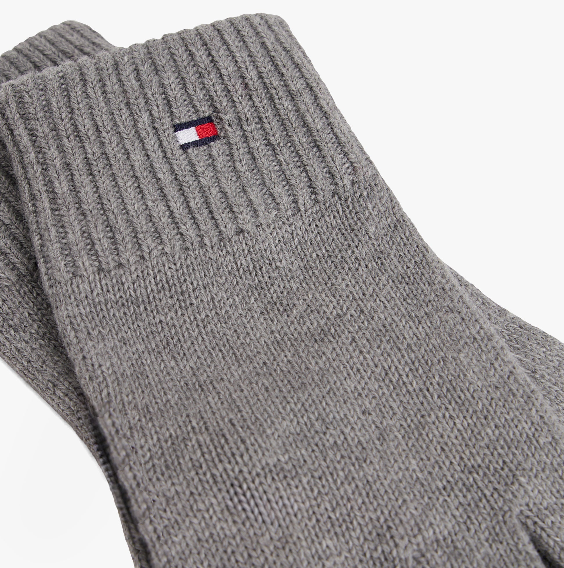Tommy Hilfiger Mens Flag Embroidery Gloves With Cashmere Grey detail view showcasing the ribbed cuff and embroidered logo.