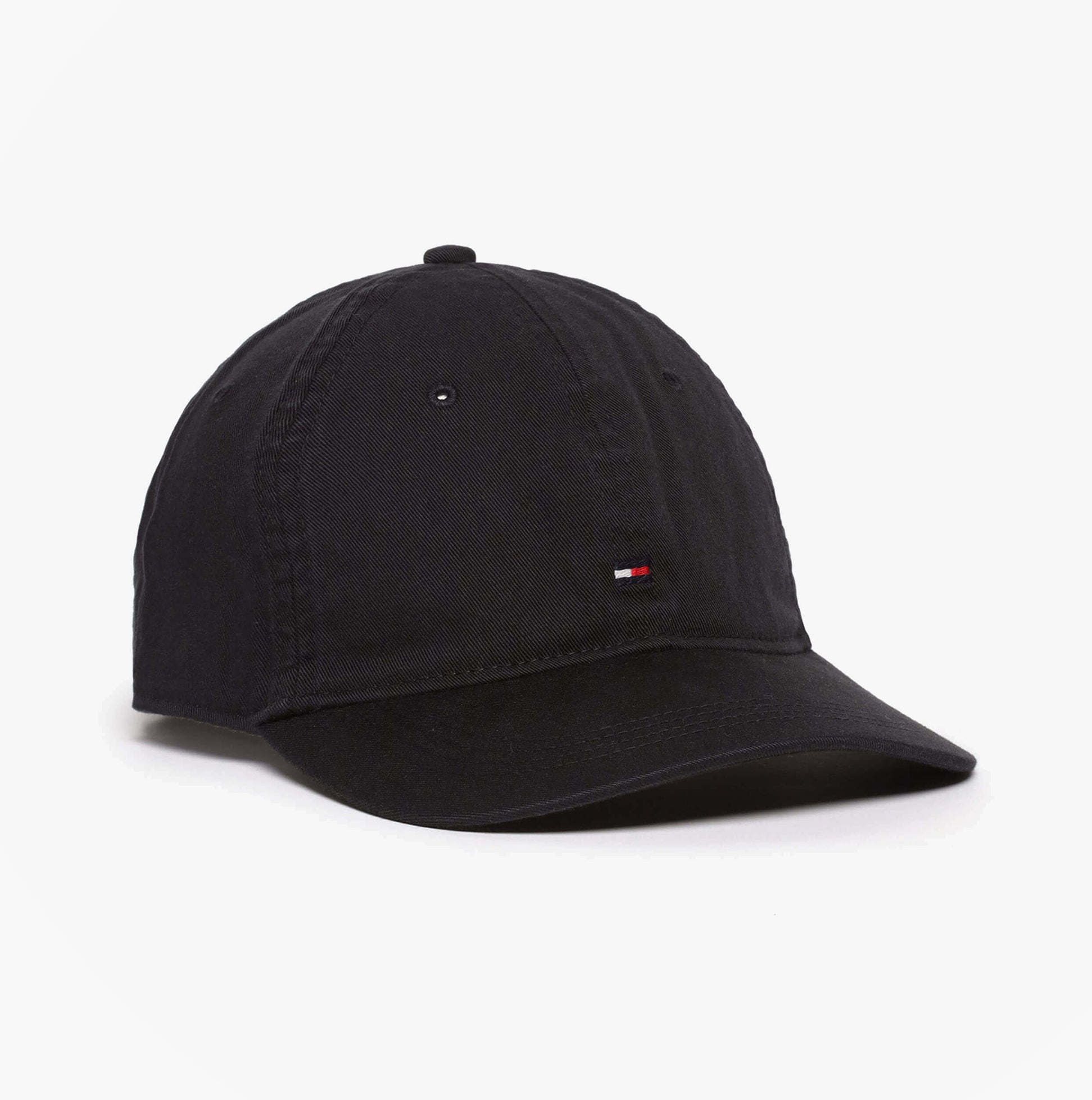 Tommy Hilfiger Flag Baseball Cap Black side view featuring adjustable strap and ventilation eyelets.