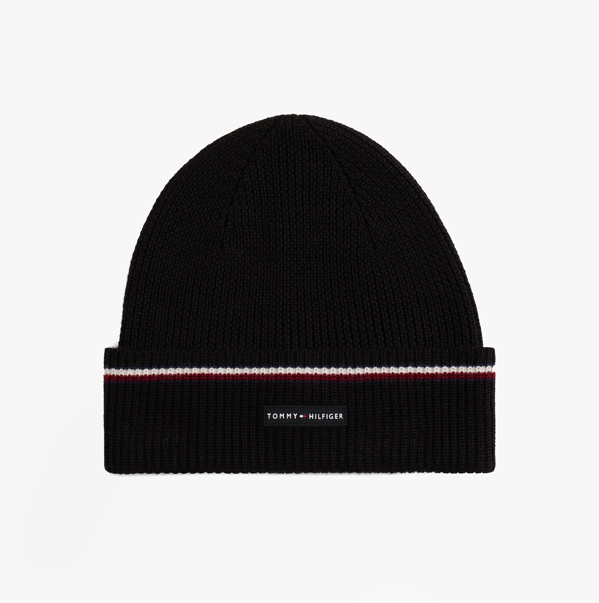 Tommy Hilfiger Signature Tape Mens Wool Beanie Black front view showcasing the logo and stylish knit design.