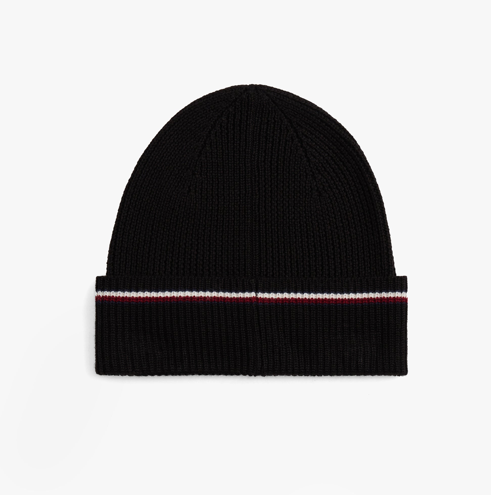 Tommy Hilfiger Signature Tape Mens Wool Beanie Black, top view showcasing knit design and signature tape detail.