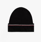 Tommy Hilfiger Signature Tape Mens Wool Beanie Black, top view showcasing knit design and signature tape detail.