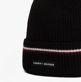 Tommy Hilfiger Signature Tape Mens Wool Beanie Black detail view showcasing brand label and striped design.
