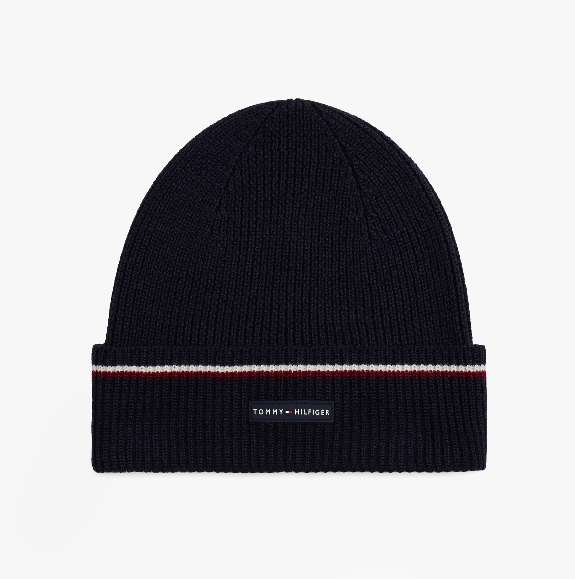 Tommy Hilfiger Signature Tape Mens Wool Beanie Blue top view with ribbed design and signature branding.