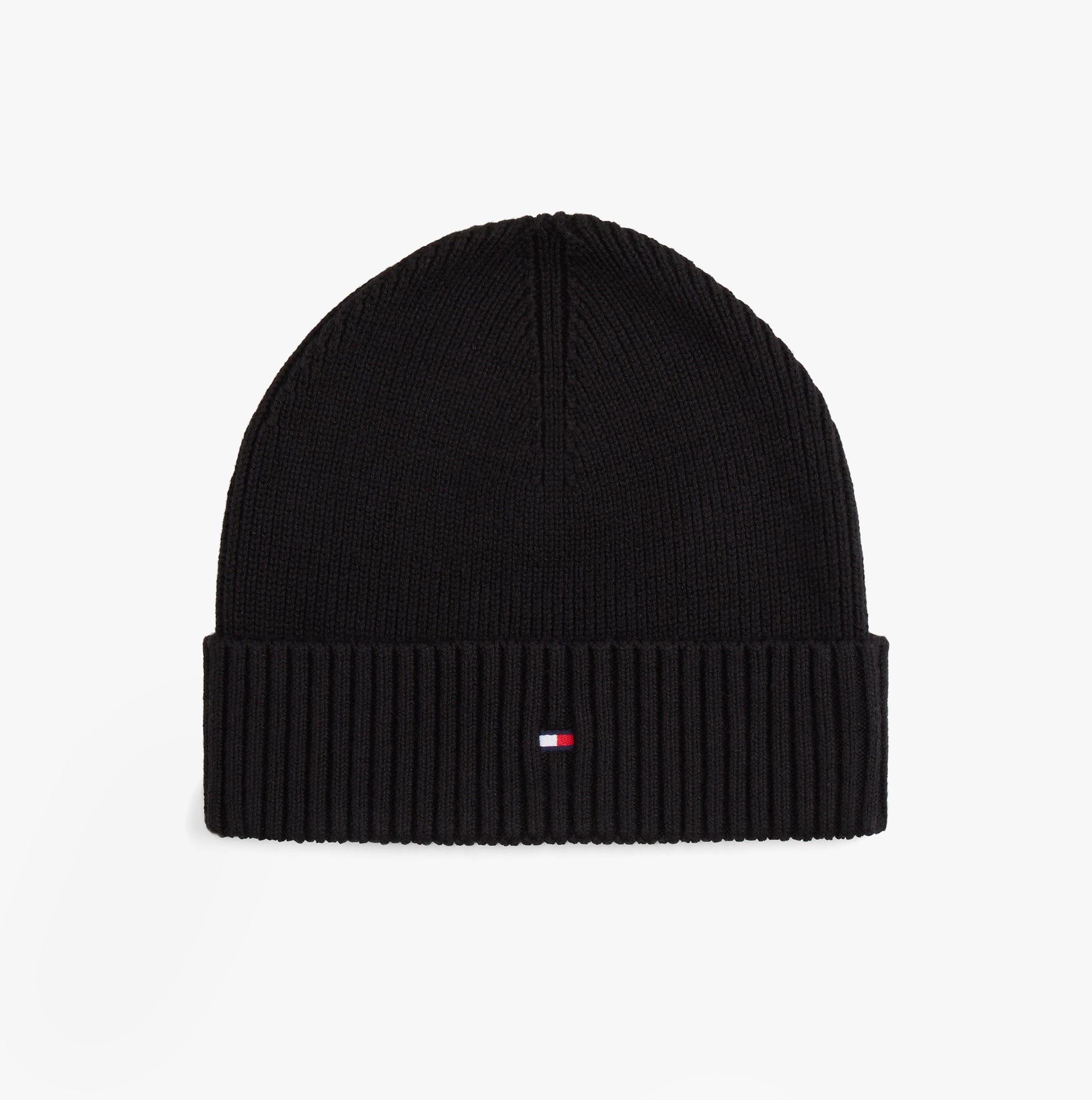 Tommy Hilfiger AM0AM13807 TH FLAG BEANIE & SCA Mens Beanie Black front view with ribbed texture and logo detail.