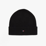 Tommy Hilfiger AM0AM13807 TH FLAG BEANIE & SCA Mens Beanie Black front view with ribbed texture and logo detail.