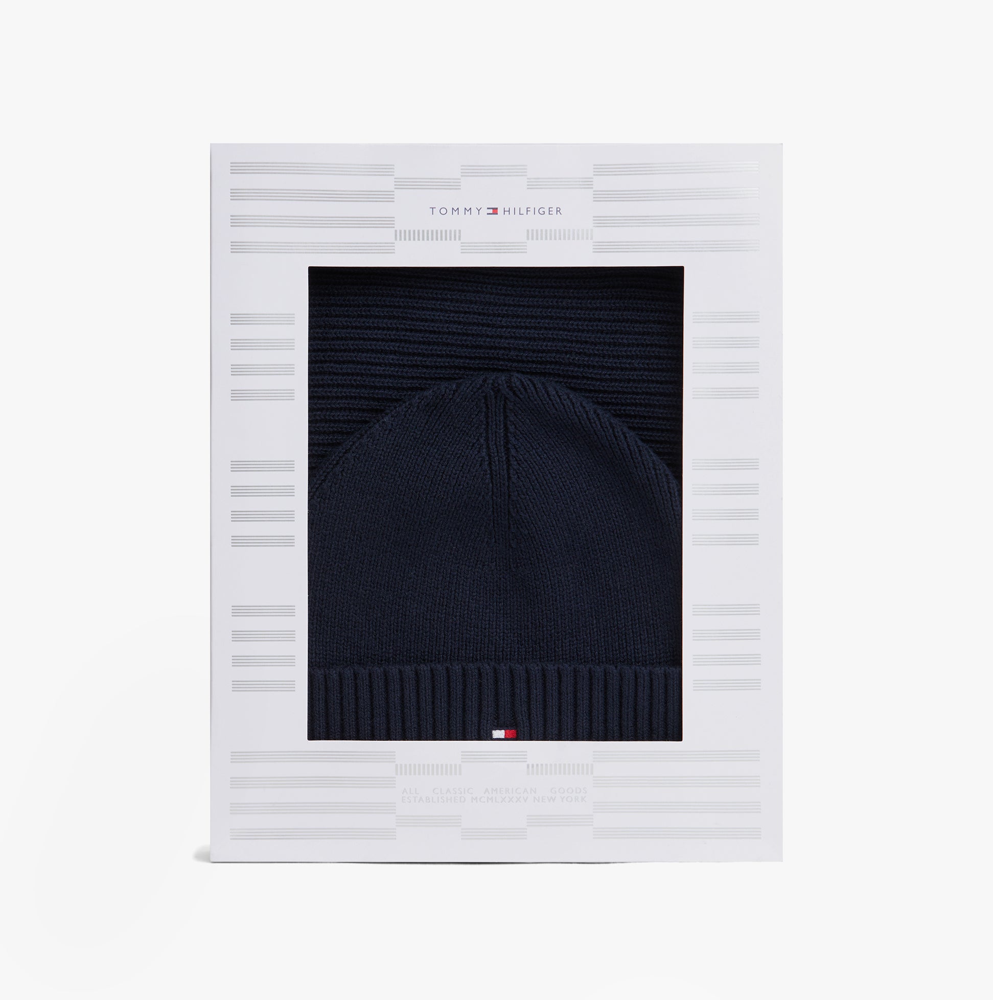 Tommy Hilfiger AM0AM13807 TH FLAG BEANIE & SCA Mens Beanie Space Bluee front view in gift box.
