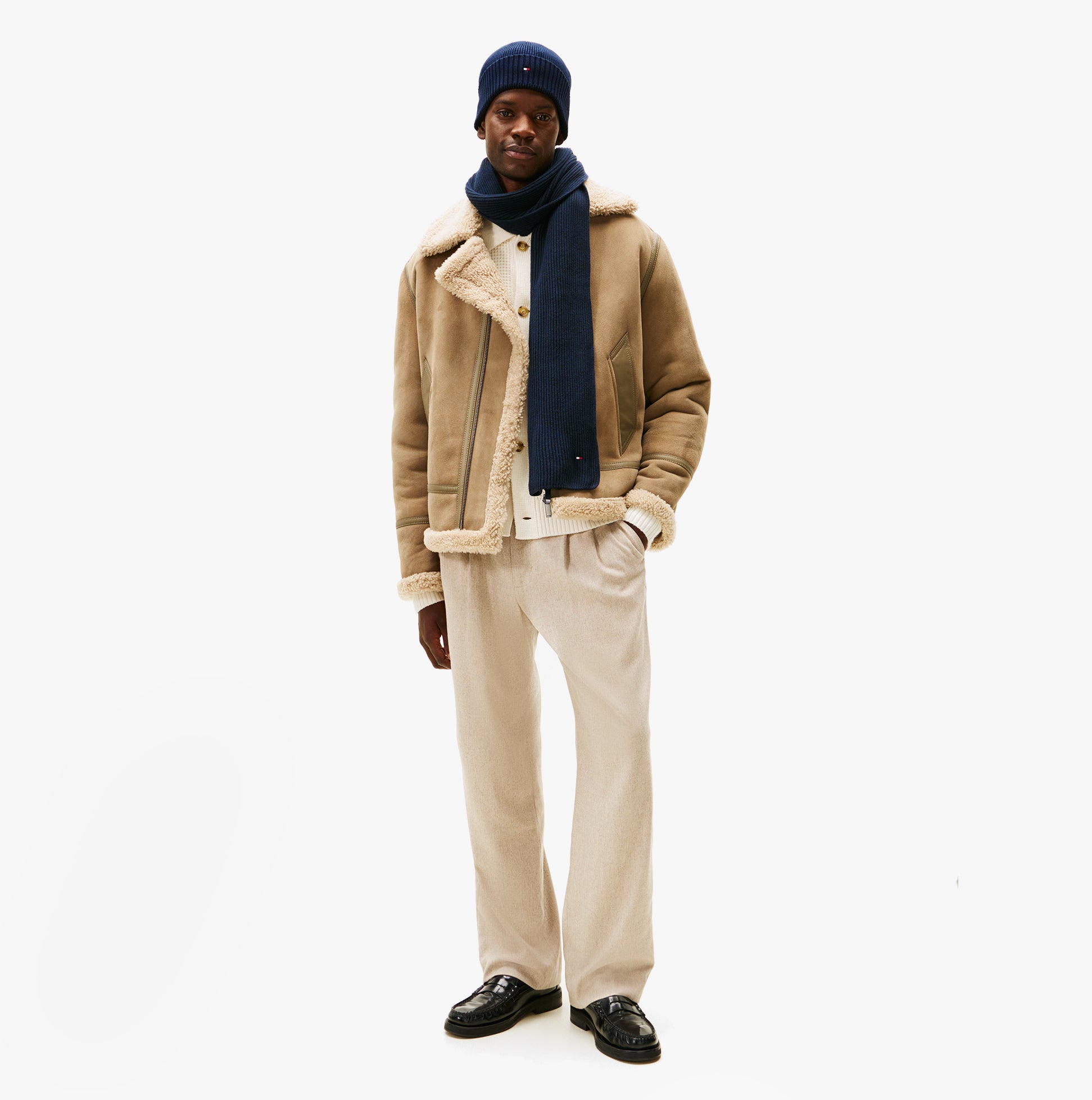 Tommy Hilfiger AM0AM13807 TH FLAG BEANIE & SCA Mens Beanie Space Bluee front view worn with scarf and jacket.