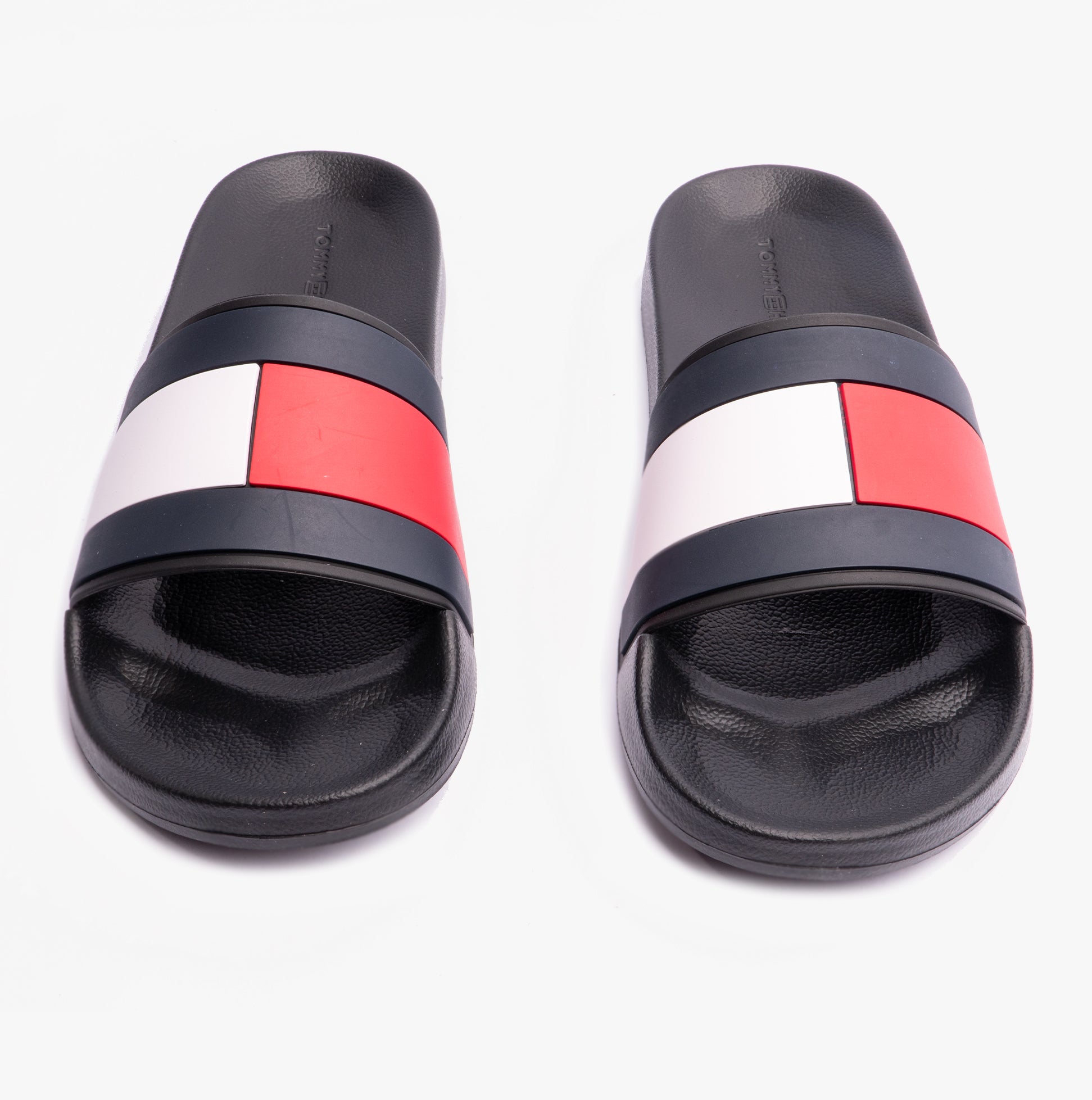 Tommy Hilfiger FLAG Mens Poolside Logo Sliders Desert Black top view showcasing design and colors.