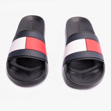 Tommy Hilfiger FLAG Mens Poolside Logo Sliders Desert Black top view showcasing design and colors.