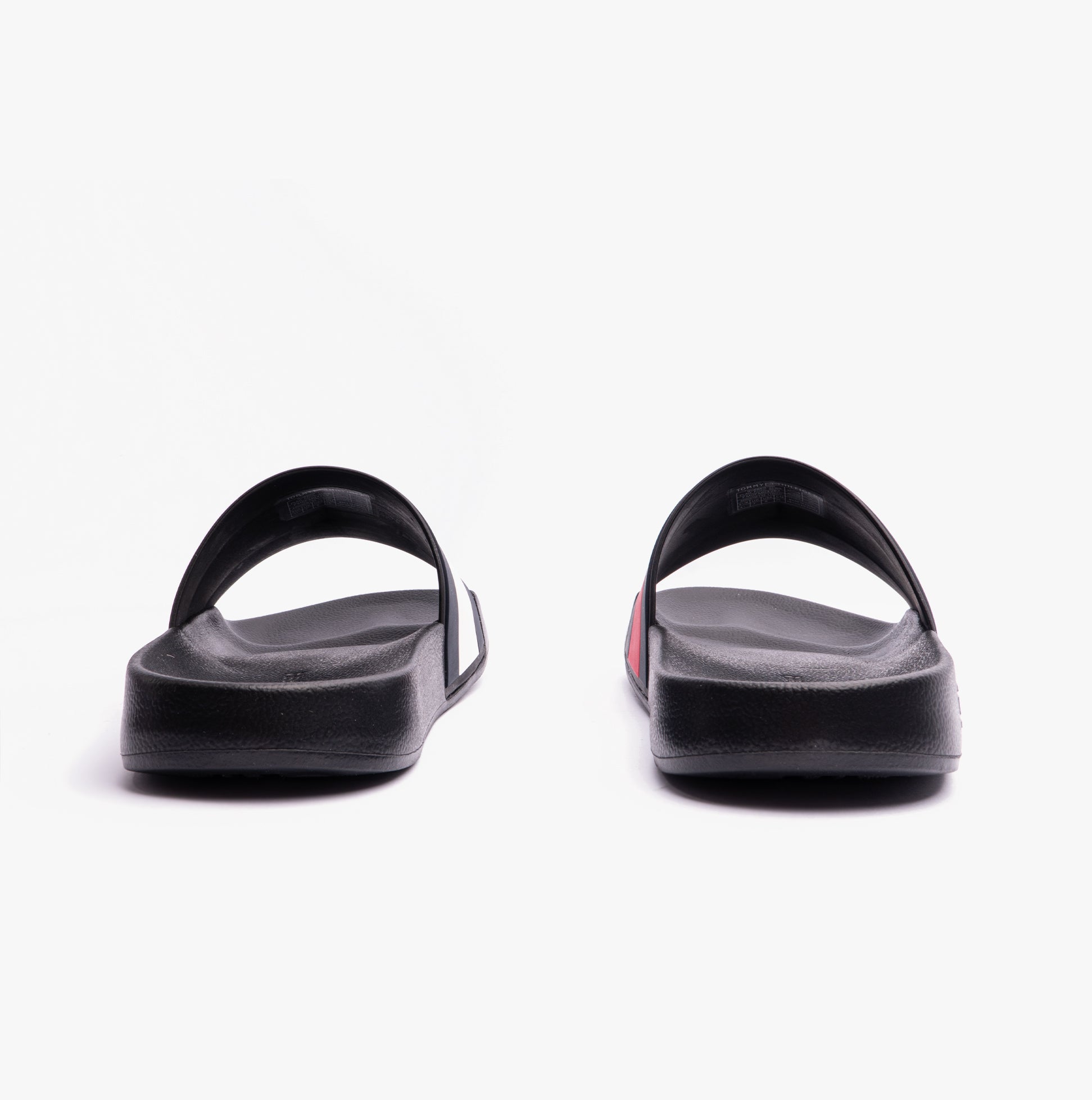 Tommy Hilfiger FLAG Mens Poolside Logo Sliders Desert Black rear view showcasing lightweight rubber design.
