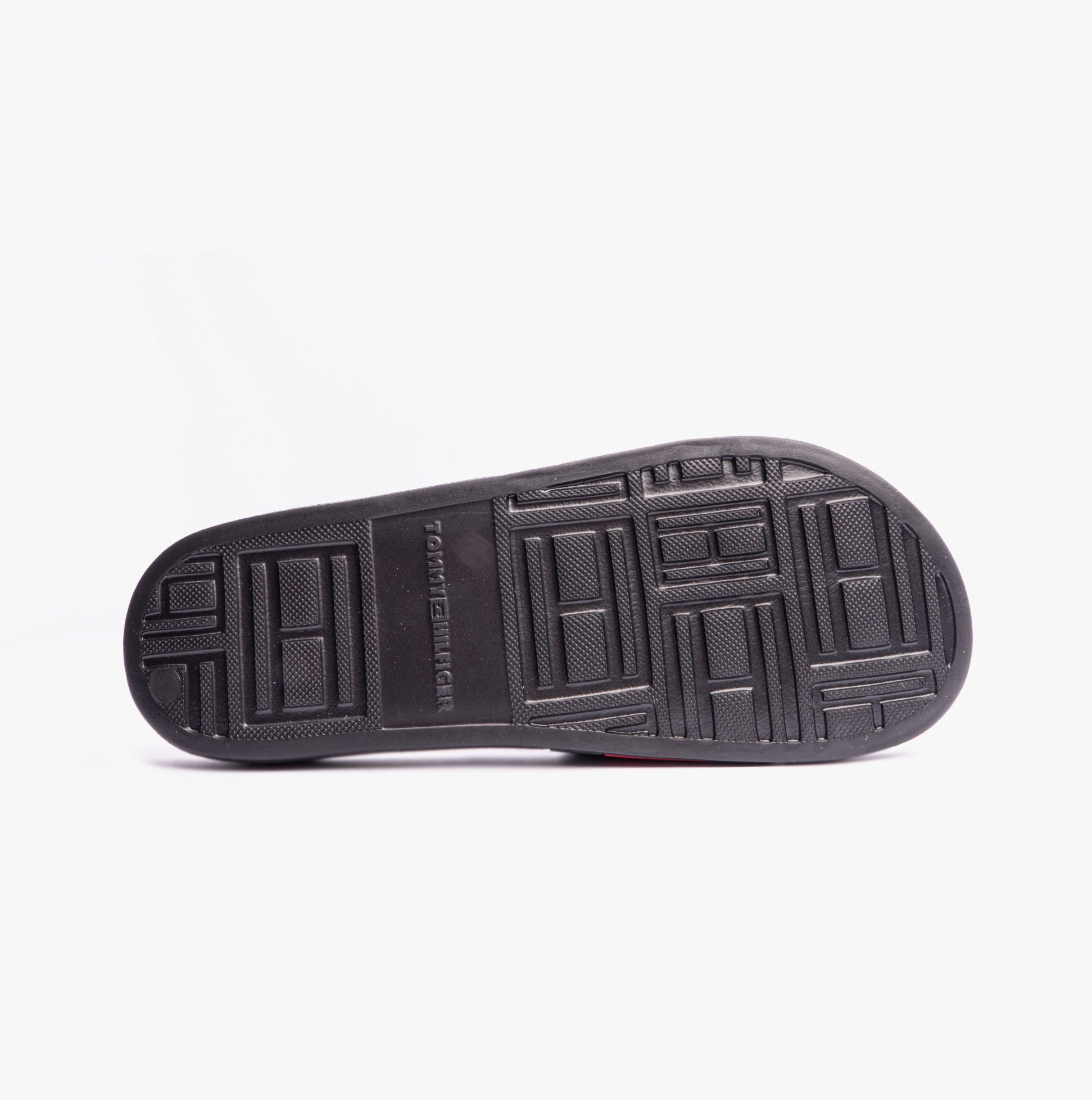 Tommy Hilfiger FLAG Mens Poolside Logo Sliders Desert Black bottom view, showcasing rubber sole design.