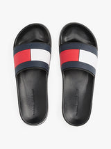 Tommy Hilfiger FLAG Mens Poolside Logo Sliders Desert Black top view showcasing design and colors.