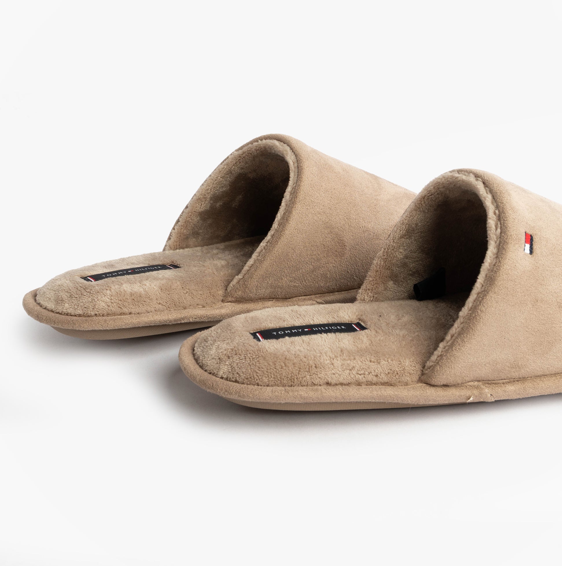 Tommy Hilfiger CORE HILFIGER FLAG H Mens Mule Slippers Coastal Taupe side view showing comfortable textile upper.