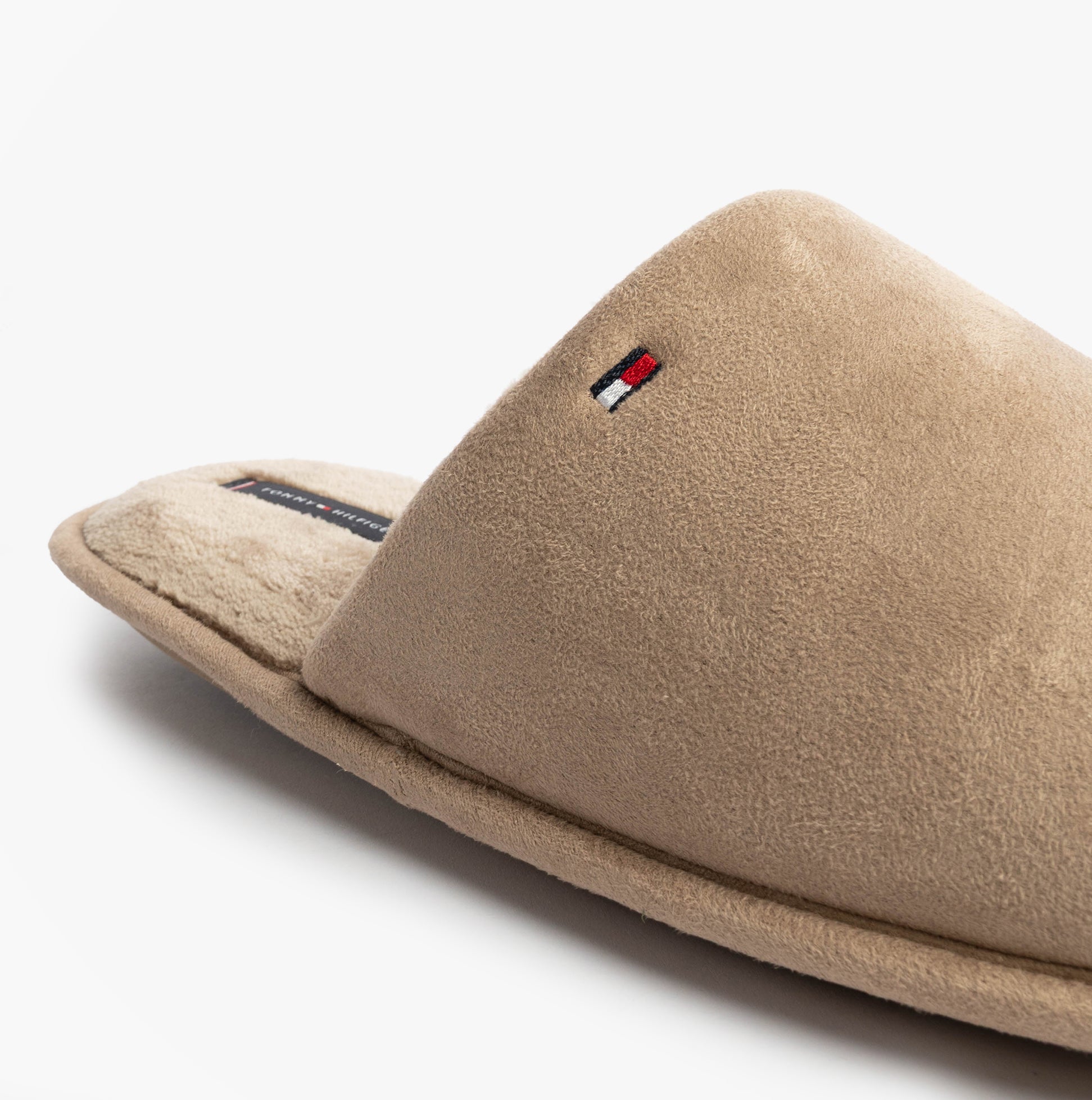 Tommy Hilfiger CORE HILFIGER FLAG H Mens Mule Slippers Coastal Taupe side view showing soft textile upper and logo detail.