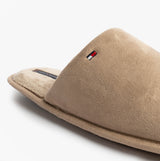 Tommy Hilfiger CORE HILFIGER FLAG H Mens Mule Slippers Coastal Taupe side view showing soft textile upper and logo detail.