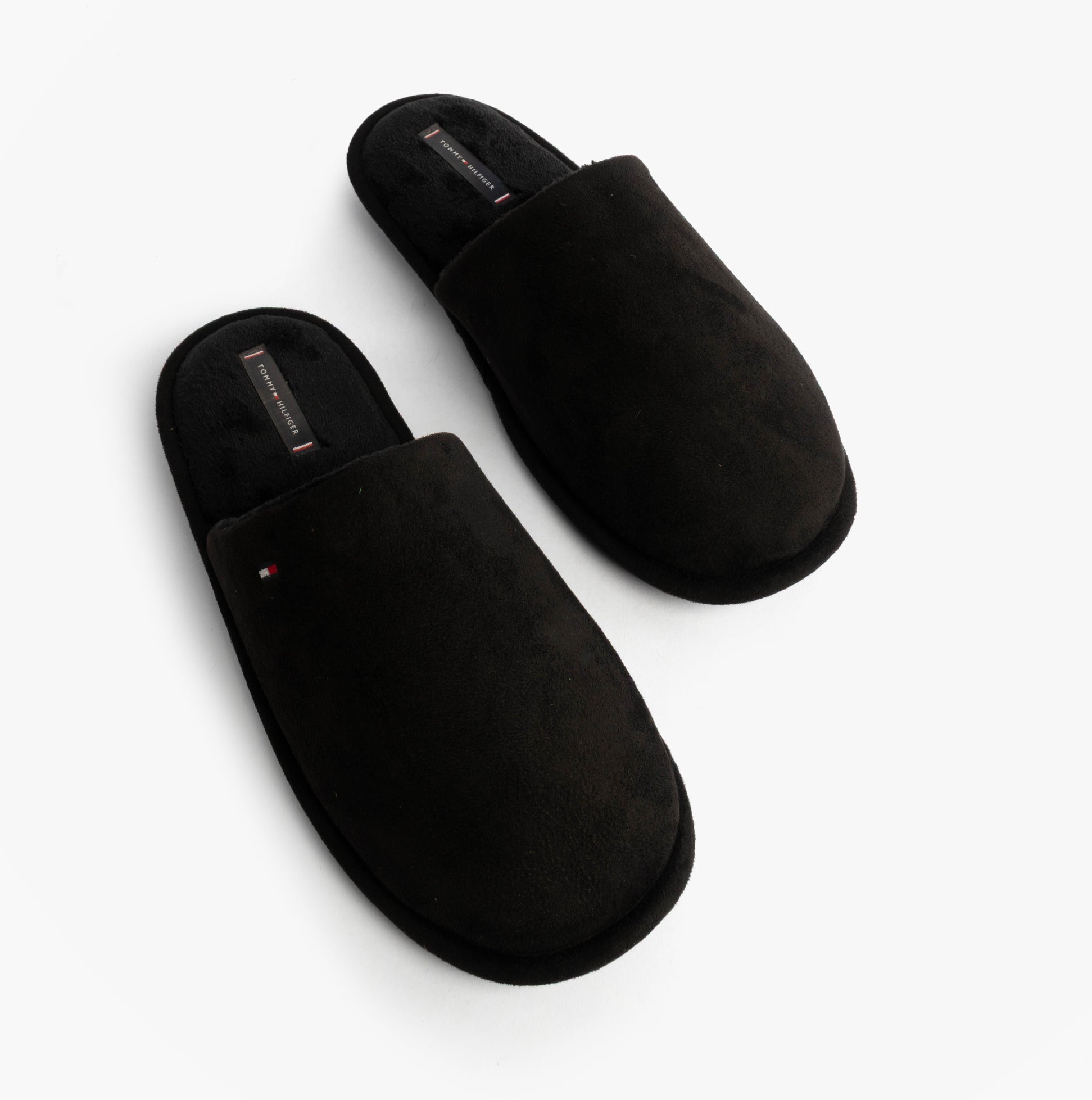 Tommy Hilfiger CORE HILFIGER FLAG H Mens Mule Slippers Black top view of slip-on mules with soft textile upper