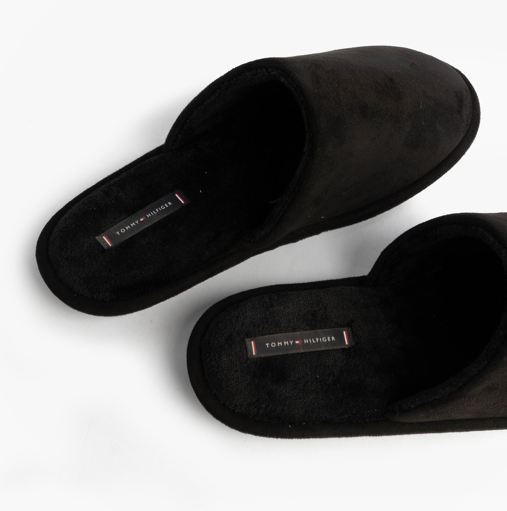 Tommy Hilfiger CORE HILFIGER FLAG H Mens Mule Slippers Black top view showing soft textile upper and slip-on design.