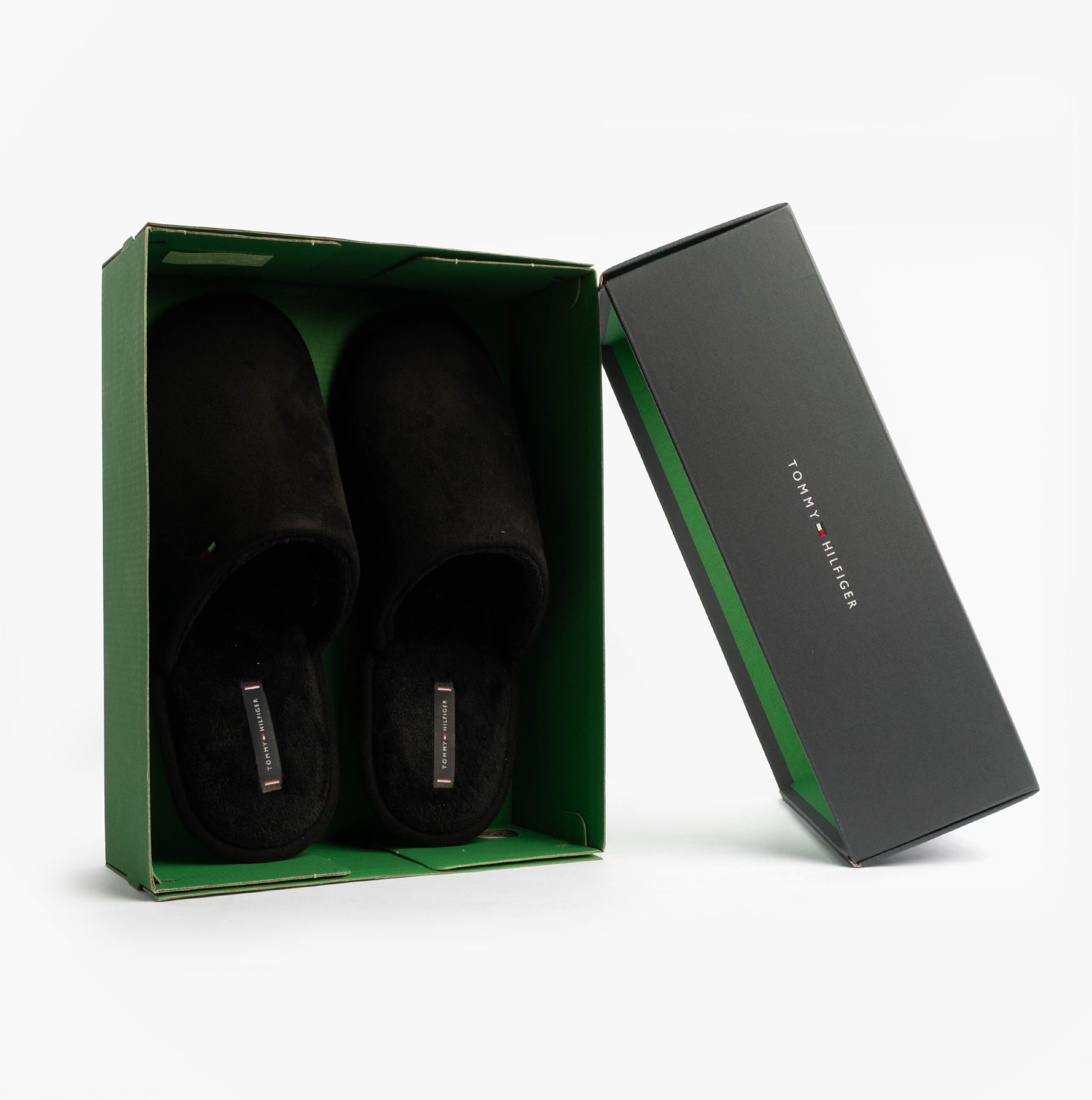 Tommy Hilfiger CORE HILFIGER FLAG H Mens Mule Slippers Black in a gift box, side view.