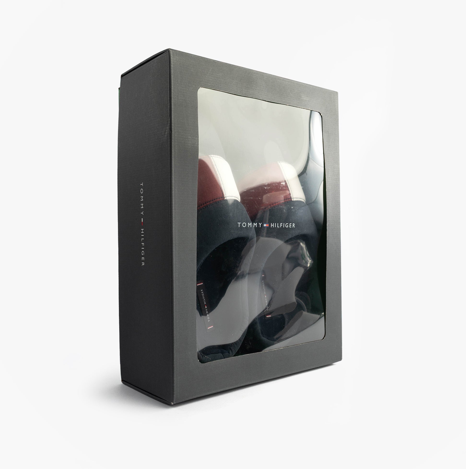Tommy Hilfiger HILFIGER FLAG HOUSE Mens House Slippers Desert Sky in a gift box, side view showing packaging.