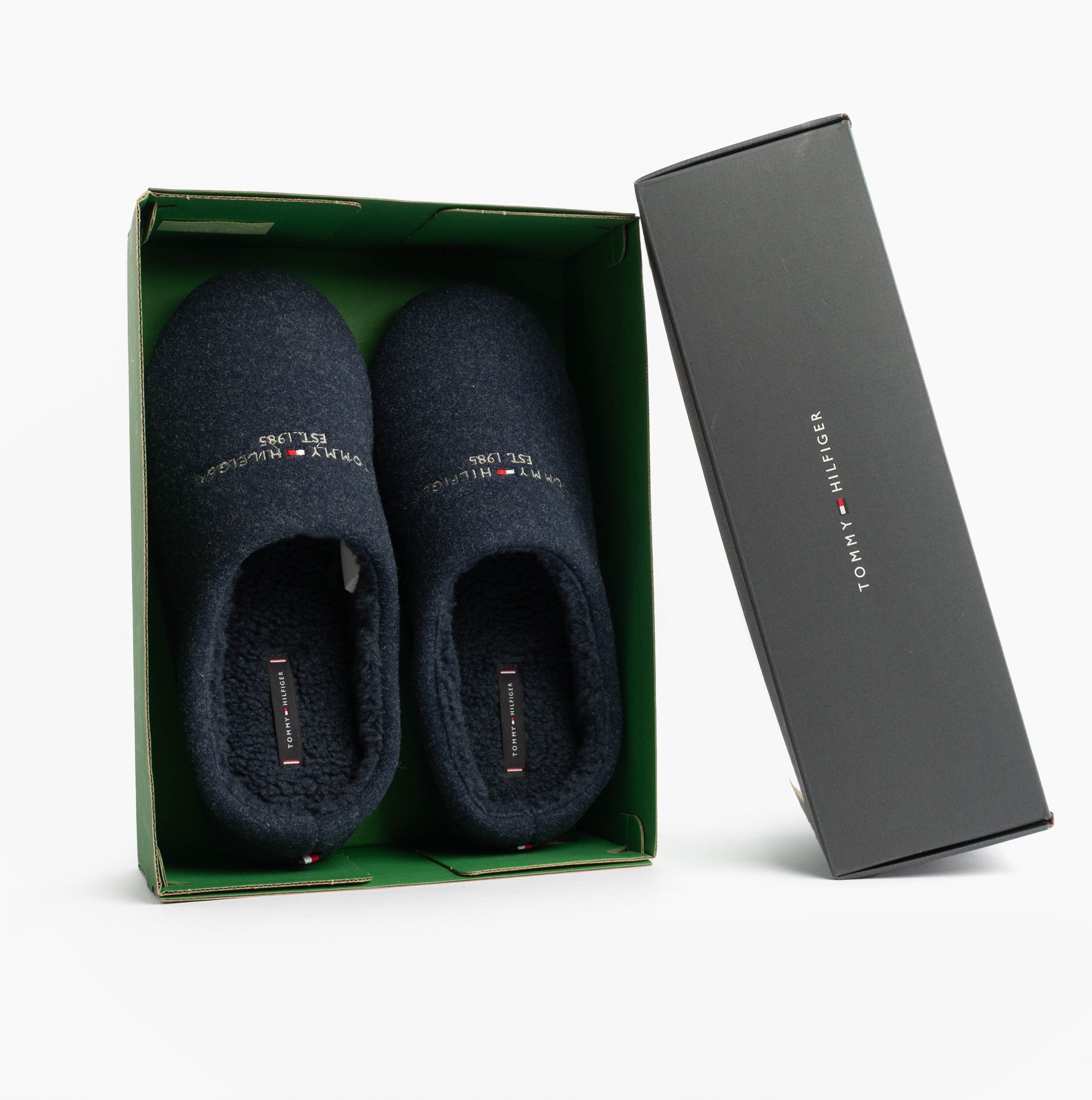 Tommy Hilfiger HILFIGER FELT HOUSE Mens House Slippers Desert Sky in gift box, top view, showing dark navy textile mules.