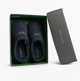 Tommy Hilfiger HILFIGER FELT HOUSE Mens House Slippers Desert Sky in gift box, top view, showing dark navy textile mules.