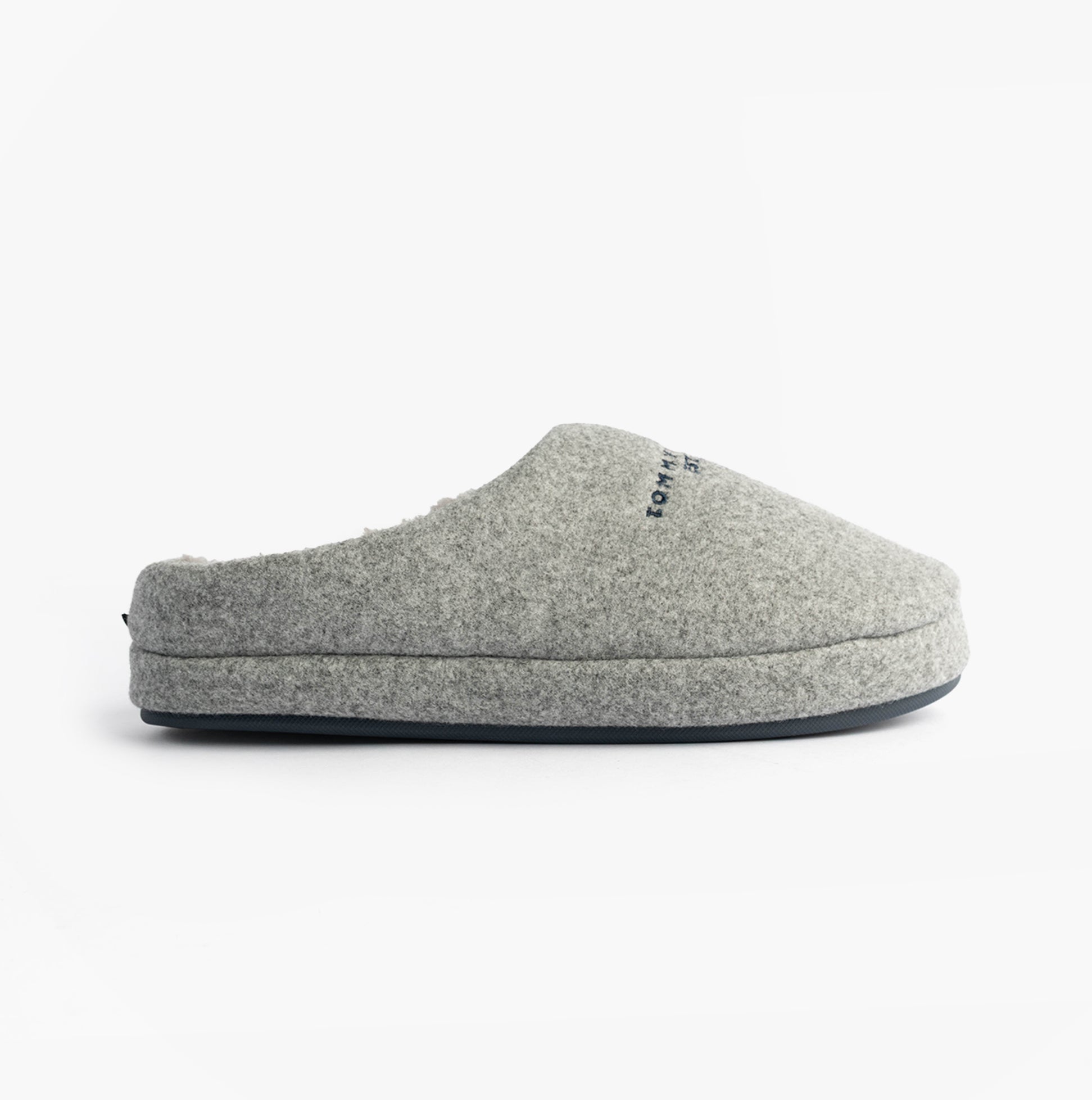 Tommy Hilfiger HILFIGER FELT HOUSE Mens House Slippers Universal Grey side view of grey mules with slip-on design